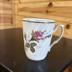 White and Pink Floral Mug with Gold Rim